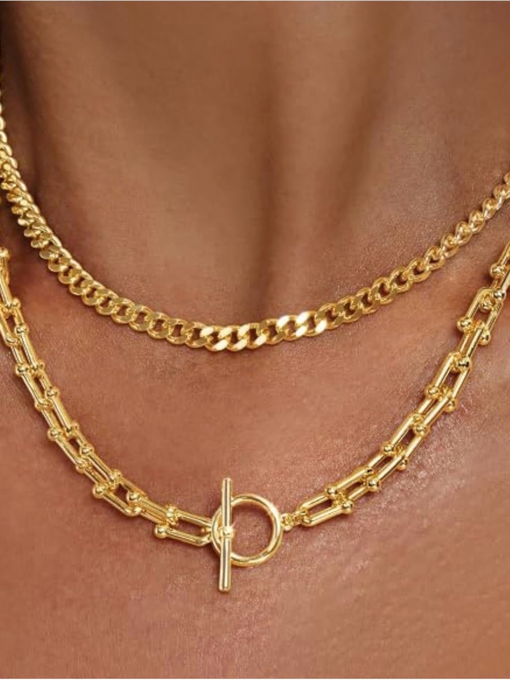 14k Gold plated Double Layer link chain Necklace Set - Women Jewelry